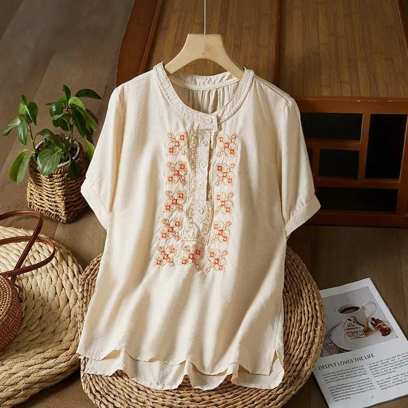 Vintage Women White Beige Embroidery Loose Single Breasted Short Sleeve Cotton Shirt Summer Round Neck Elegant Festival Tops New