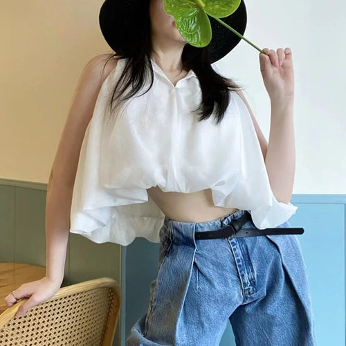 Load image into Gallery viewer, Solid Loose Shirts For Women Lapel Sleeveless Folds Summer Casual Temperament Blouse Female Fashion Clothing
