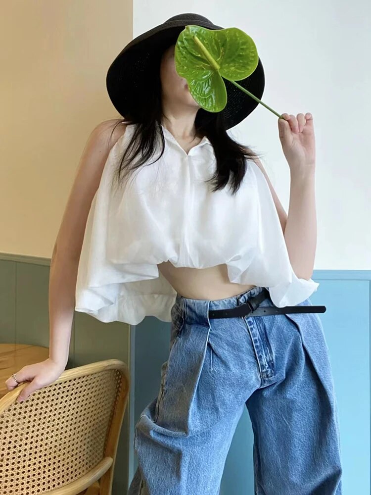 Solid Loose Shirts For Women Lapel Sleeveless Folds Summer Casual Temperament Blouse Female Fashion Clothing