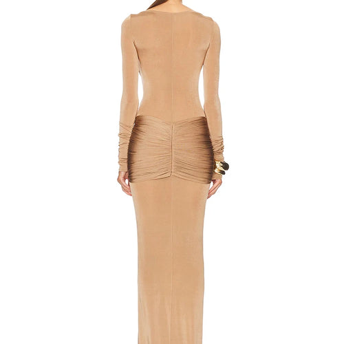 Load image into Gallery viewer, Long Sleeve Ruched Sexy Maxi Dress For Women Gown 2025 Spring Fashion Solid O Neck Slim Fit Elegant Long Dress Clothes
