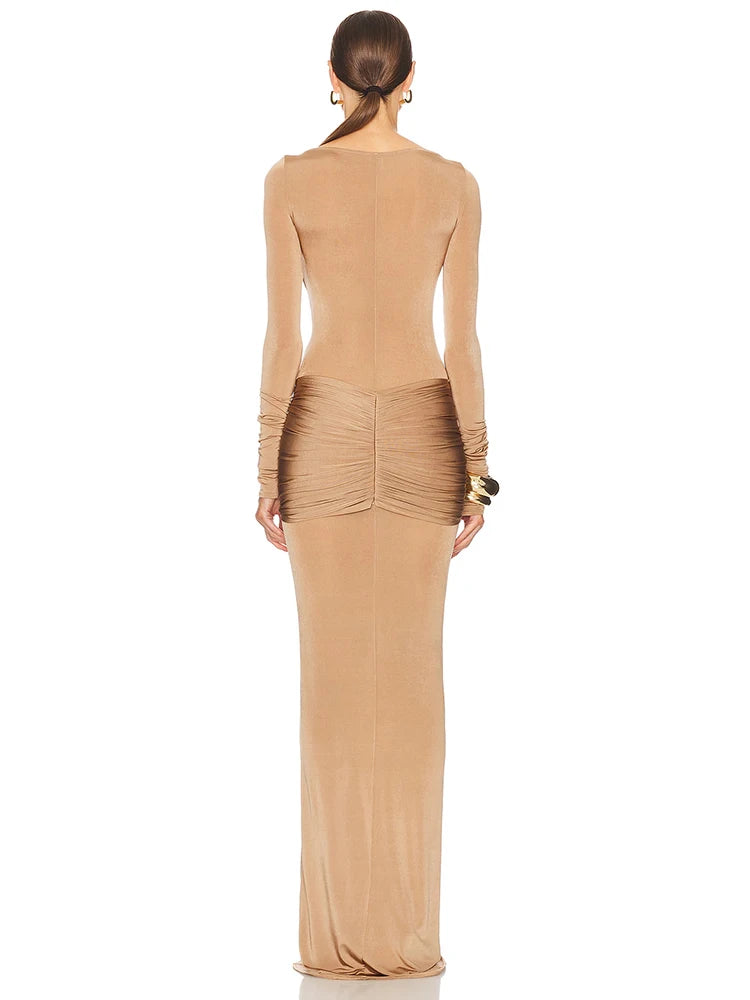 Long Sleeve Ruched Sexy Maxi Dress For Women Gown 2025 Spring Fashion Solid O Neck Slim Fit Elegant Long Dress Clothes
