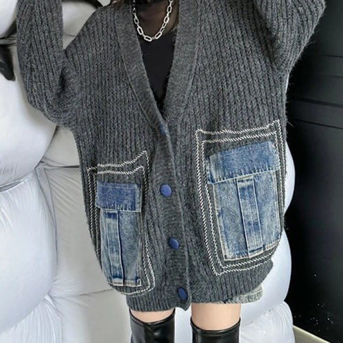Load image into Gallery viewer, Colorblock Patchwork Denim Knitting Sweater For Women V Neck Long Sleeve Patchwork Button Casual Sweaters Female
