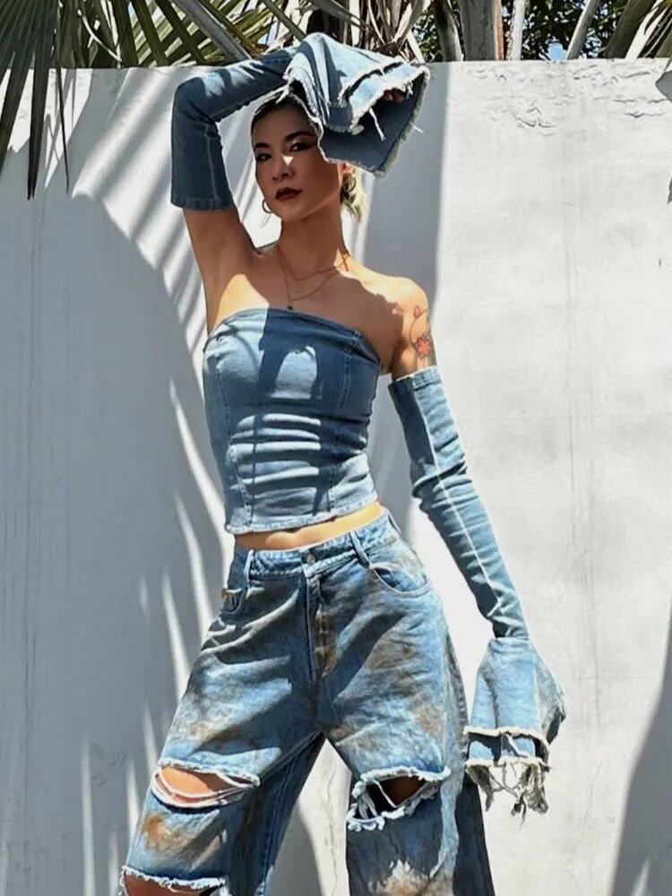 Detachable Denim Tank Top For Women Strapless Flare Sleeve Slimming Solid Streetwear Sexy Vest Female Fashion