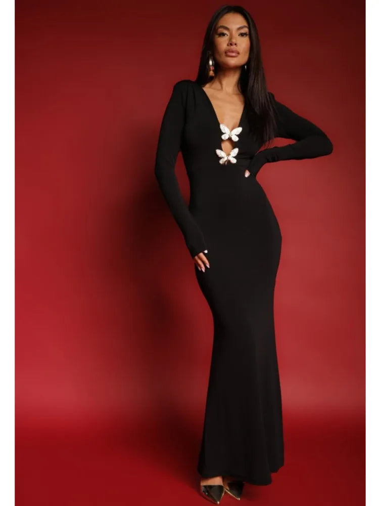 Elegant Long Sleeve Bow Body Con Party Evening Dress Women Winter New Elastic Slim Maxi Vestidos Sexy Deep V Clothing