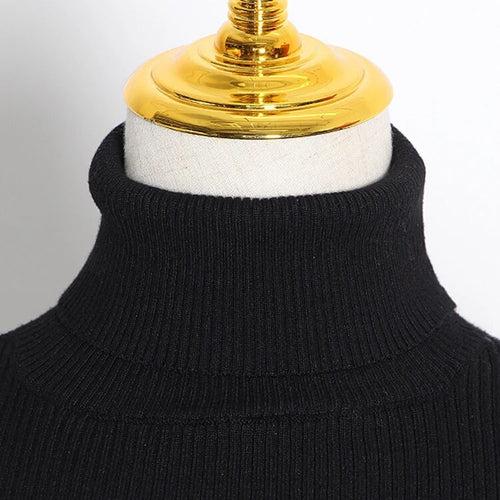 Load image into Gallery viewer, Slim Black Knitting Sweater For Women Turtleneck Puff Sleeve Patchwork Mesh Solid Pullover Female Clothing
