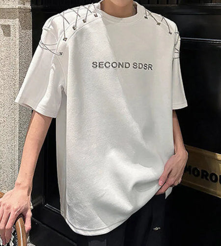 Men's T-shirts Short Sleeve Summer Letter Print  Design Chain Shoulder Pad Male T-shirt Pullover Solid Color Top 9W1708