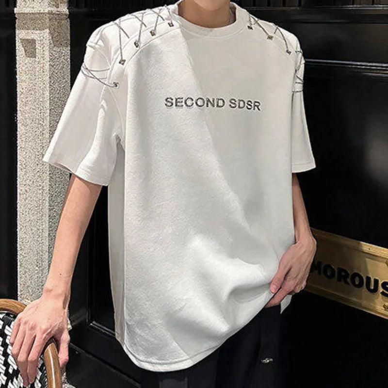 Men's T-shirts Short Sleeve Summer Letter Print  Design Chain Shoulder Pad Male T-shirt Pullover Solid Color Top 9W1708