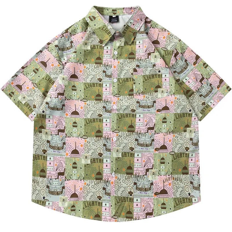 Men Harajuku Hawaiian Shirt Streetwear Graphic Printed Button Up Beach Summer Blouse Hip Hop Casual Baggy Short Sleeve Shirts