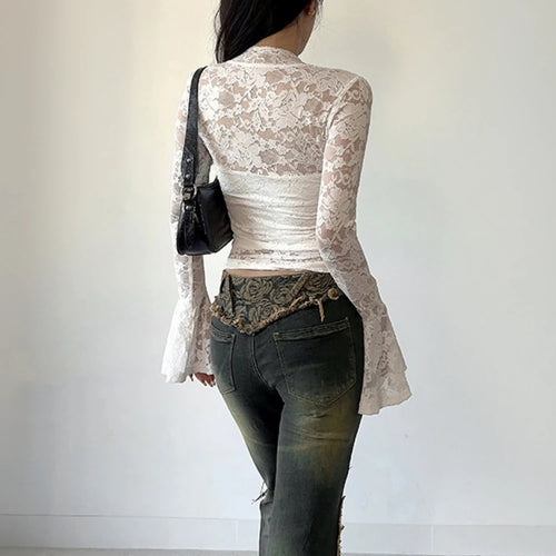 Load image into Gallery viewer, Lace Embroidery Flower Bodycon Shirts Spring Women Y2k Aesthetic Flare Sleeve Vintage T-shirt Grunge Sexy Cropped Fairy Tops
