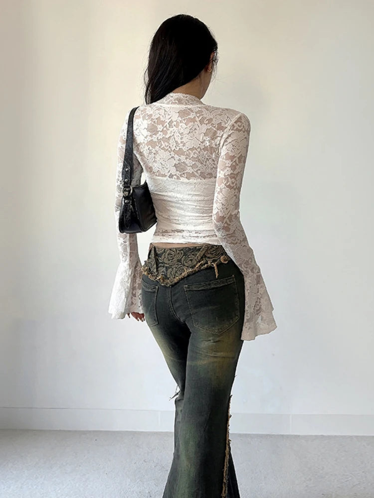 Lace Embroidery Flower Bodycon Shirts Spring Women Y2k Aesthetic Flare Sleeve Vintage T-shirt Grunge Sexy Cropped Fairy Tops