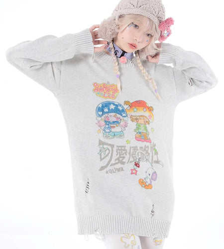 Y2k Aesthetic Cartoon Printing Harajuku Sweater Women Gothic Vintage Ripped Grunge Jumper Streetwear Oversize Hiphop Pullover