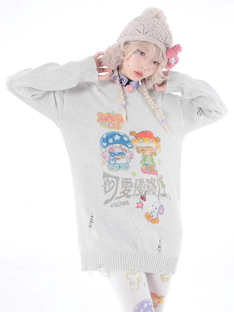 Y2k Aesthetic Cartoon Printing Harajuku Sweater Women Gothic Vintage Ripped Grunge Jumper Streetwear Oversize Hiphop Pullover