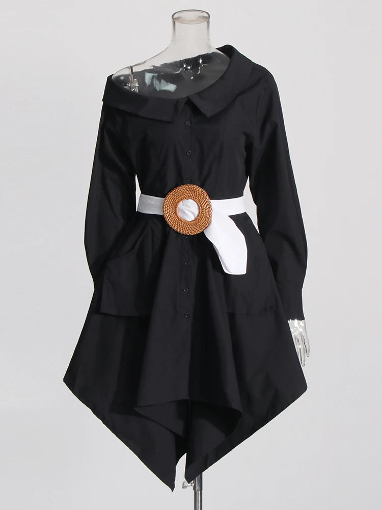 Solid Patchwork Belt Dress For Women Diagonal Collar Long Sleeve High Waist Irregular Hem Minimalist Dresses Female