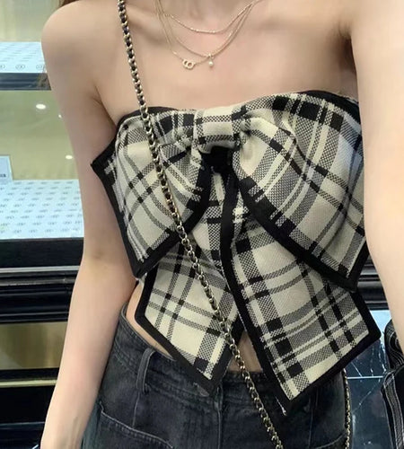Plaid Top Women y2k Clothes Bow Front Off Shoulder Strapless Sleeveless Bandeau Vest Fairycore Clothing Streetwear