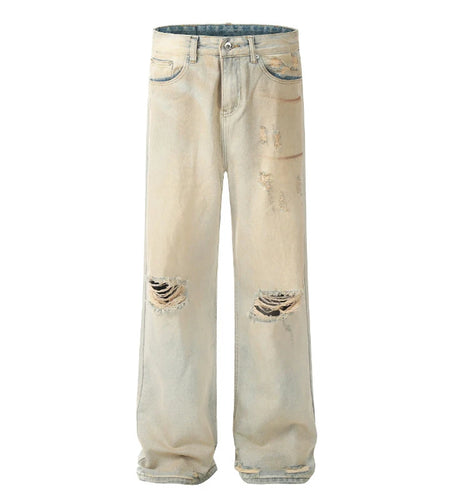 Men's Jeans Washed Distressed New American High Streeet Style Worn-out Loose Hole Trendy Male Casual Trousers 9W1823