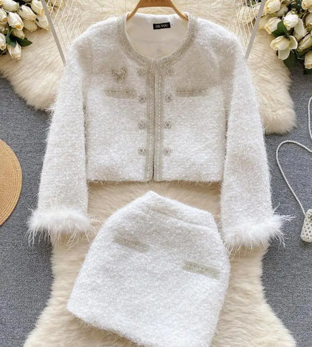 Autumn Winter White Vintage Party 2 Piece Set Women Pink Elegant Round Neck Cardigan Coat + Zipper Mini Short Skirt Suit Fashion