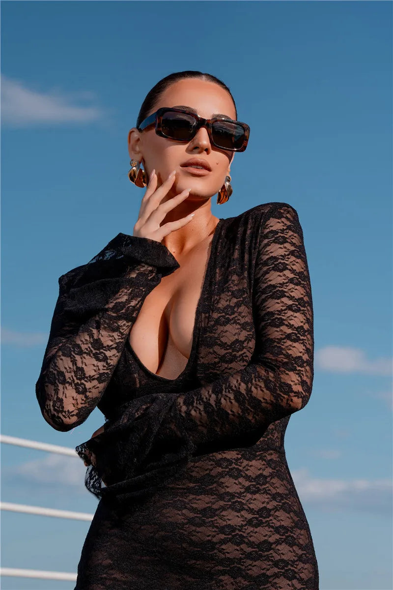 Elegant Lace Long Sleeve Sexy Maxi Dress For Women Fashion Deep V Neck Bodycon Party Club Sexy Long Dress Fashion
