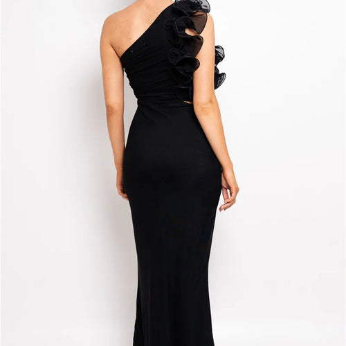 Load image into Gallery viewer, Shoulder Floral Mesh Ruched Sexy Maxi Dress For Women Gown Oblique Shoulder Sleeveless Backless Bodycon Long Dress
