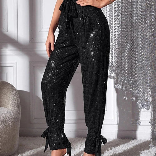 Load image into Gallery viewer, Patchwork Sequins Casual Solid Floor Length Trousers For Women High Waist Spliced Lace Up Loose Pencil Pants Female Style
