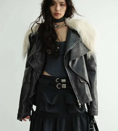 Black Thick Big Size Vintage PU Leather Jacket New Fur Collar Long Sleeve Women Coat Fashion Spring Autumn 2025 1DH8266