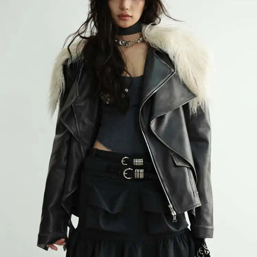 Load image into Gallery viewer, Black Thick Big Size Vintage PU Leather Jacket New Fur Collar Long Sleeve Women Coat Fashion Spring Autumn 2025 1DH8266
