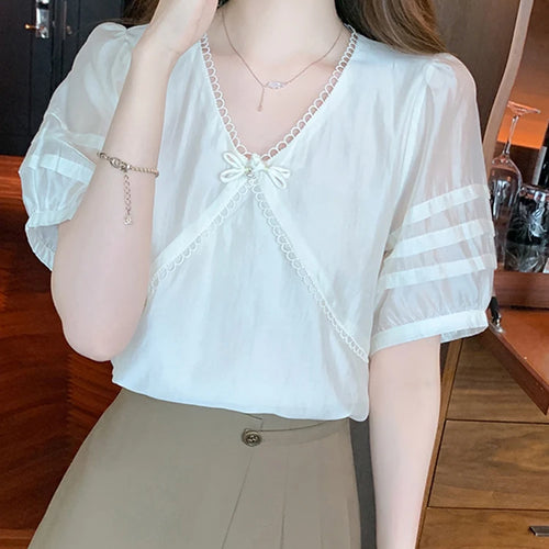 Load image into Gallery viewer, Chic Bow Pure Color Women Blouse French Style Puff Sleeve V-neck Simple Fashion Elegant Office Lady Apricot Basic Blouses
