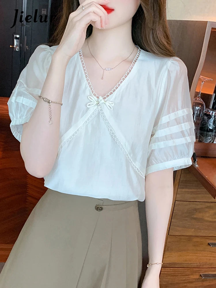 Chic Bow Pure Color Women Blouse French Style Puff Sleeve V-neck Simple Fashion Elegant Office Lady Apricot Basic Blouses