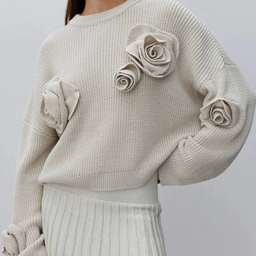 Load image into Gallery viewer, Solid Patchwork Appliques Knitted Sweaters For Women Round Neck Long Sleeve Chic Loose Pullover Sweater Female New
