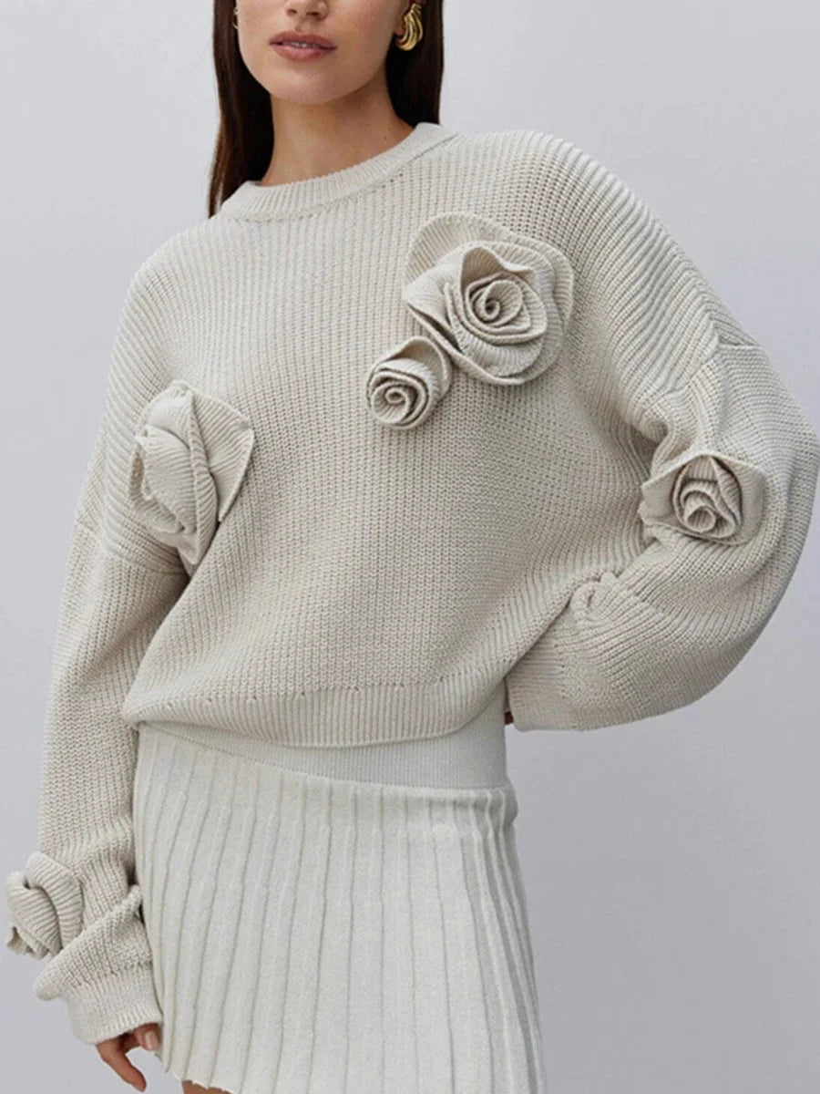 Solid Patchwork Appliques Knitted Sweaters For Women Round Neck Long Sleeve Chic Loose Pullover Sweater Female New