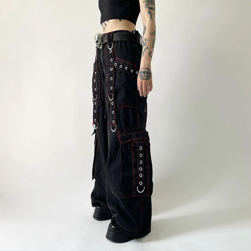 Grunge Goth Cargo Jeans Women Punk Ribbon Eyelet Stitched Baggy Pants Y2K Academia Pockets Denim Trousers