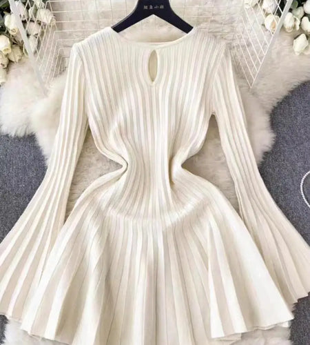 Autumn New 2024 Black Elegant Long Sleeve Knit Mini Dress For Women Beige  Round Neck Hollow Out Simple Pleated Short Dress Chic
