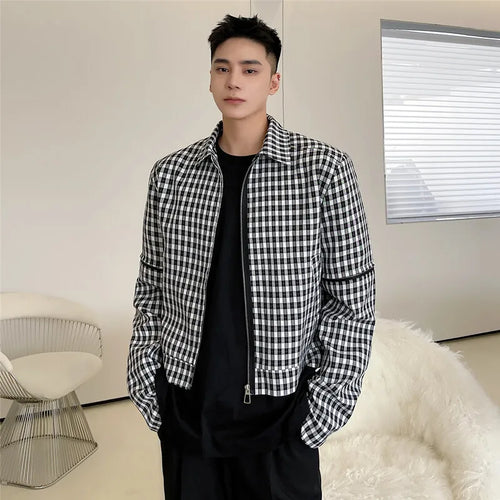 Load image into Gallery viewer, Male Plaid Short Jacket Detachable Sleeves Design Turn-down Collar Spring Male Clothing Korean New Fashion Tide 9W1277
