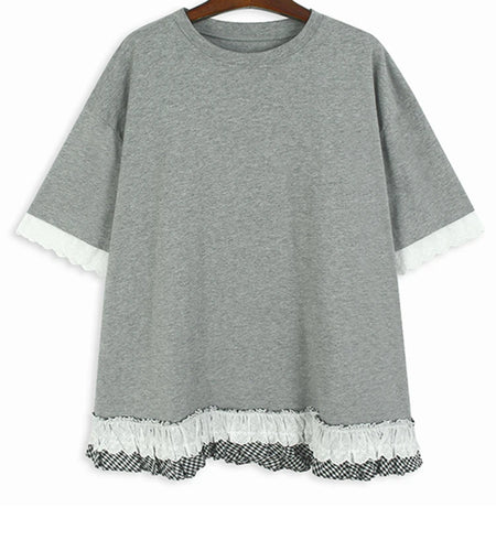 Women Black White Lace Color-block Big Size T-shirt New Round Neck Half Sleeve Fashion Tide Spring Summer 2025 1DH9816