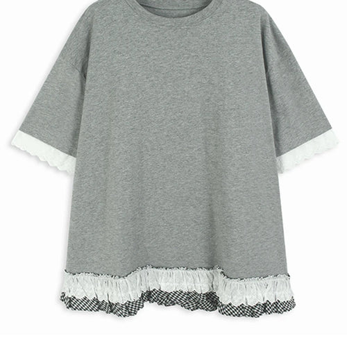 Load image into Gallery viewer, Women Black White Lace Color-block Big Size T-shirt New Round Neck Half Sleeve Fashion Tide Spring Summer 2025 1DH9816
