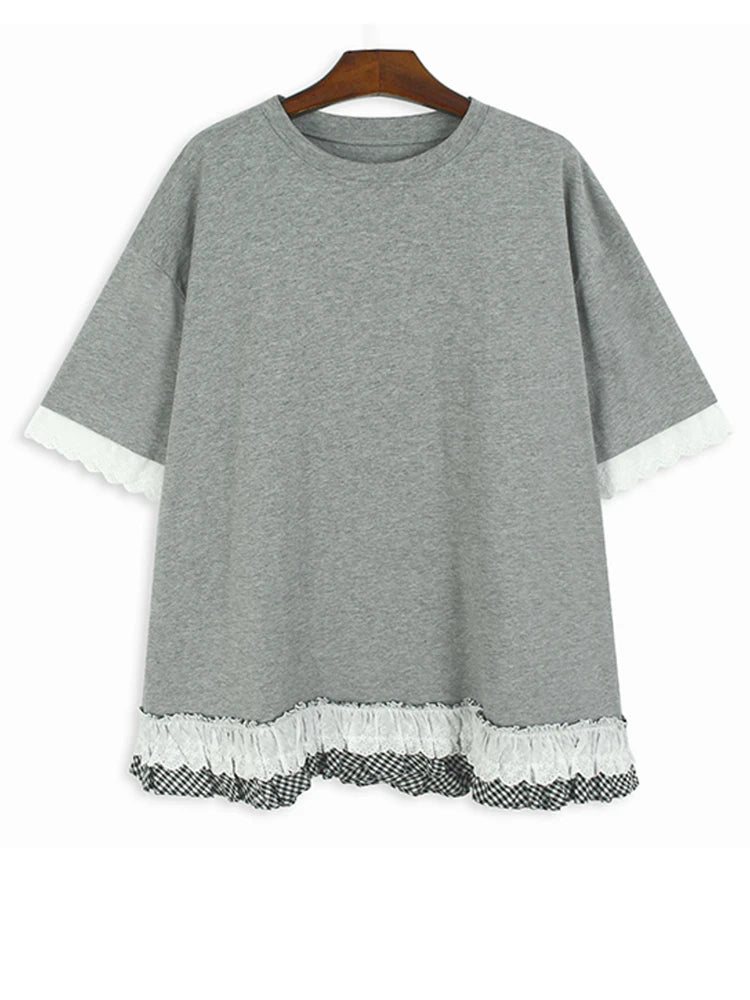 Women Black White Lace Color-block Big Size T-shirt New Round Neck Half Sleeve Fashion Tide Spring Summer 2025 1DH9816