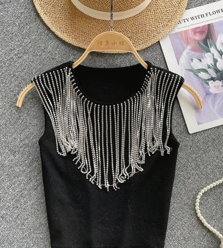 Summer White Round Neck Sleeveless Diamonds Tassels Knitted Vest Women Black Elegant Versatile Short Tank Tops Simplicity Casual