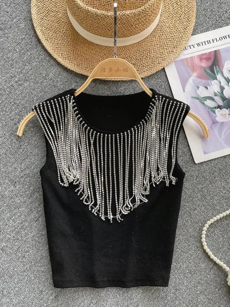 Summer White Round Neck Sleeveless Diamonds Tassels Knitted Vest Women Black Elegant Versatile Short Tank Tops Simplicity Casual