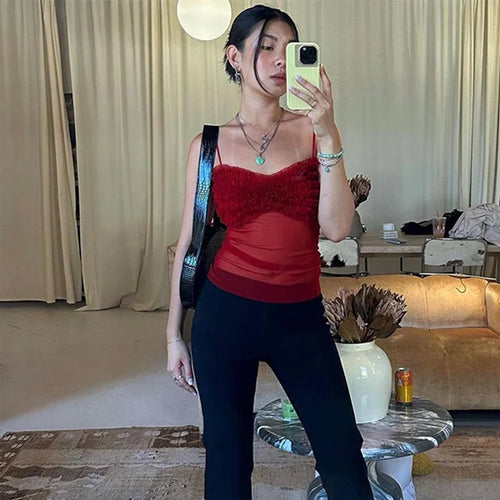 Load image into Gallery viewer, Spaghetti Strap Mesh Pleated Sexy Crop Tops Women Red Strapless Sleeveless Backless Skinny Club Tank Tops Clubwear
