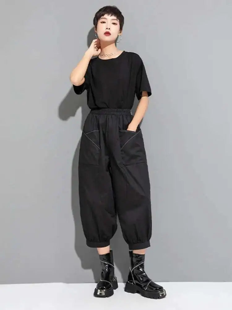 High Elastic Waist Black Pocket Thin Casual Harem Pants New Loose Fit Trousers Women Fashion Spring Autumn 2025 1DF6508