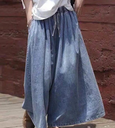 Retro Blue Lace-up Seven Point Denim Pant Women Summer New Baggy Wide Leg Pleated Jean Pant Fashion Streetwear Clothing Oversize