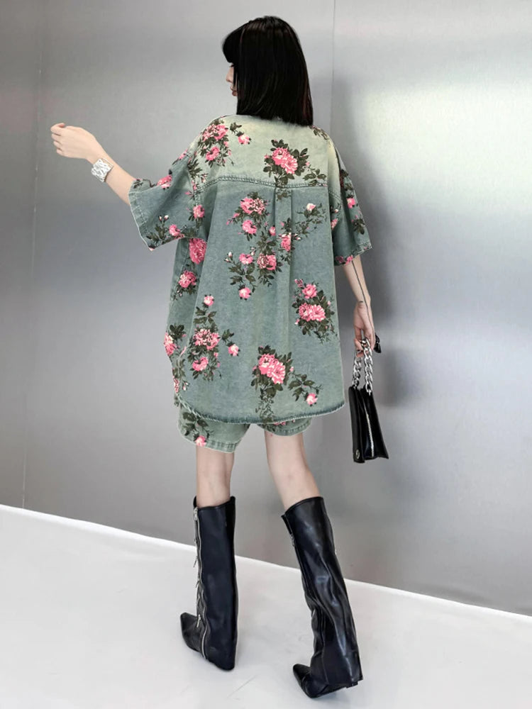 Blue Denim Shirt Wide Leg Shorts Two Piece Suit New Lapel Short Sleeve Women Fashion Tide Spring Summer 2025 1DH6138