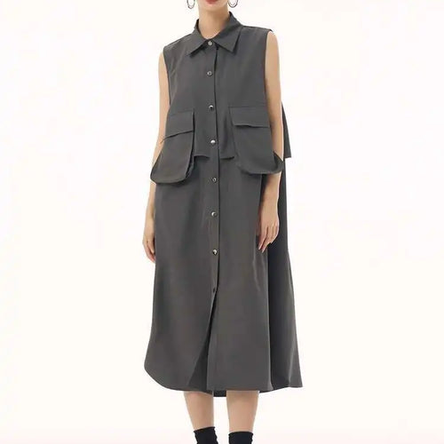Load image into Gallery viewer, Women Black Shaped Pockets Big Size Midi Shirt Vest Dress New Lapel Sleeveless Fashion Tide Spring Autumn 2025 1DH9471
