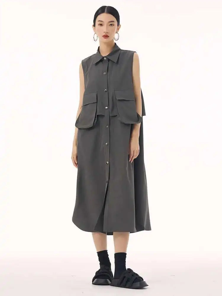 Women Black Shaped Pockets Big Size Midi Shirt Vest Dress New Lapel Sleeveless Fashion Tide Spring Autumn 2025 1DH9471