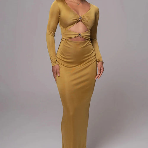 Load image into Gallery viewer, Hollow out long sleeve sexy maxi dress for women fashion solid V neck back split bodycon club long dress elegant
