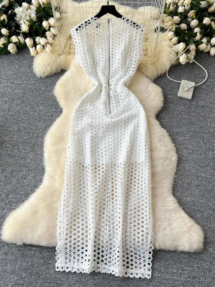 French Women Black Hollow Out Sleeveless Zipper Long Dress White Elegant Round Neck Slim Evening Party Dress Summer Street Trend
