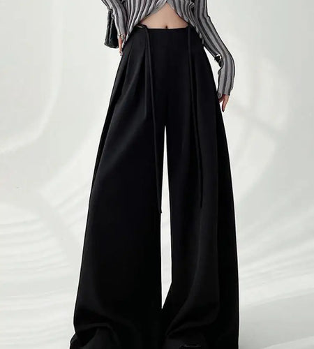 Spring Summer Women's Black Gray Plus Size Wide Leg Long Pants Fashion Minimalist Straight Lace-up Pleated Trousers Streetwear 