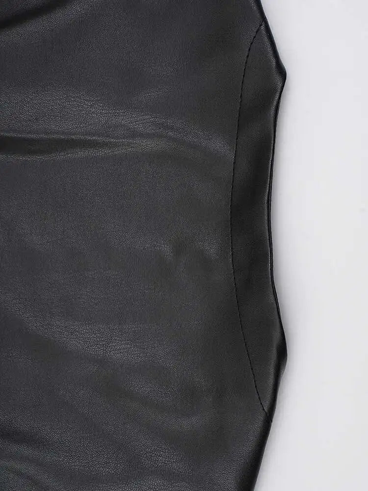 Women Black  Pu Leather Pockets Big Size Long Vest Dress New V-Neck Sleeveless Fashion Tide Spring Autumn 2025 CPG2085