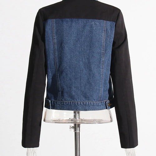 Load image into Gallery viewer, Casual Fashion Patchwork Denim Jackets For Women Lapel Long Sleeve Spliced Single Breasted Short Jacket Female Clothing
