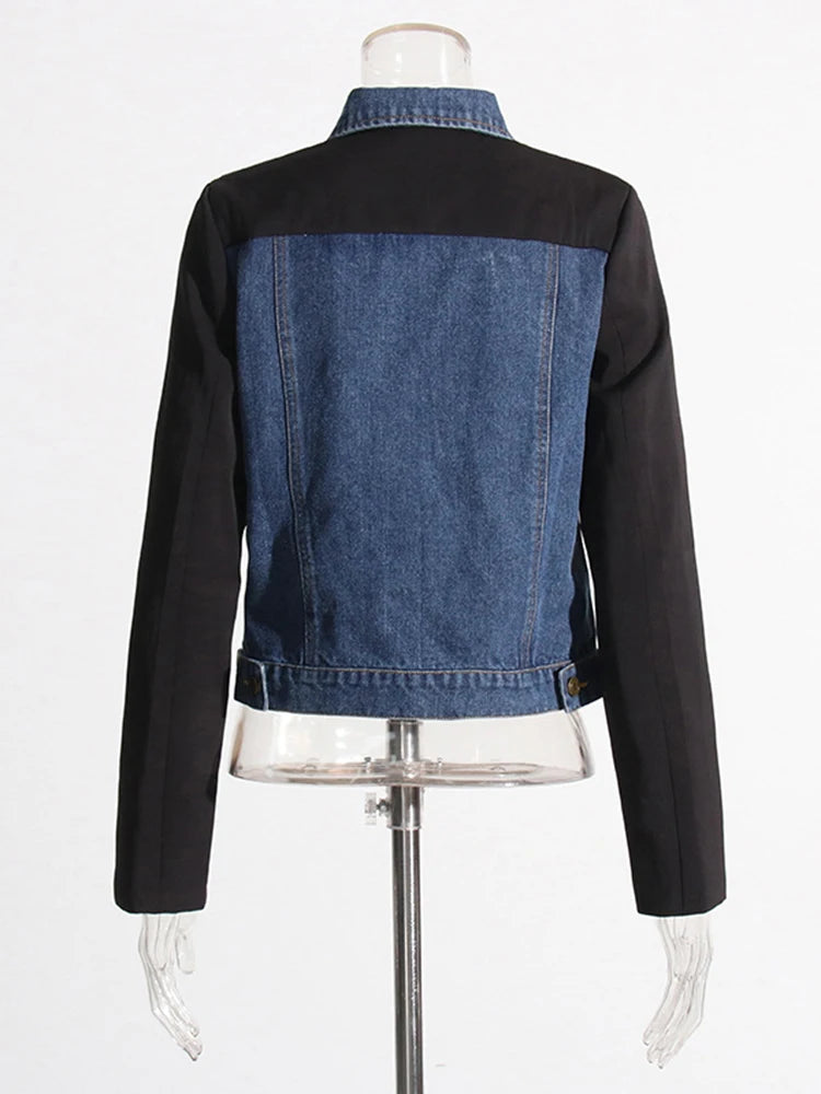 Casual Fashion Patchwork Denim Jackets For Women Lapel Long Sleeve Spliced Single Breasted Short Jacket Female Clothing