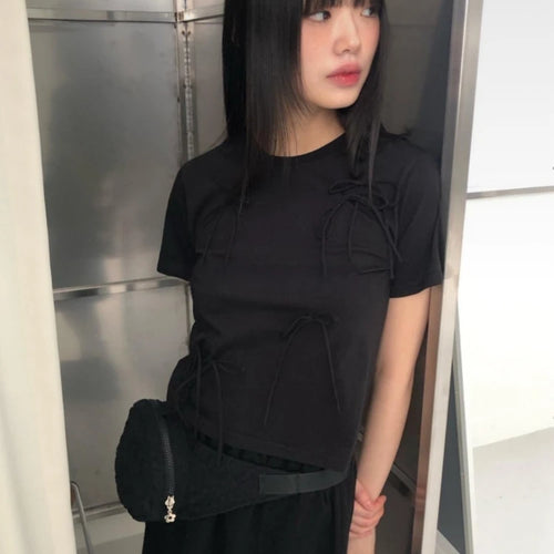 Load image into Gallery viewer, Y2k Aesthetic Vintage Summer Bow Tees  Women Harajuku Grunge Bottoming Crop Top 2025 Slim Streetwear Solid Sweet Cute Tshirts
